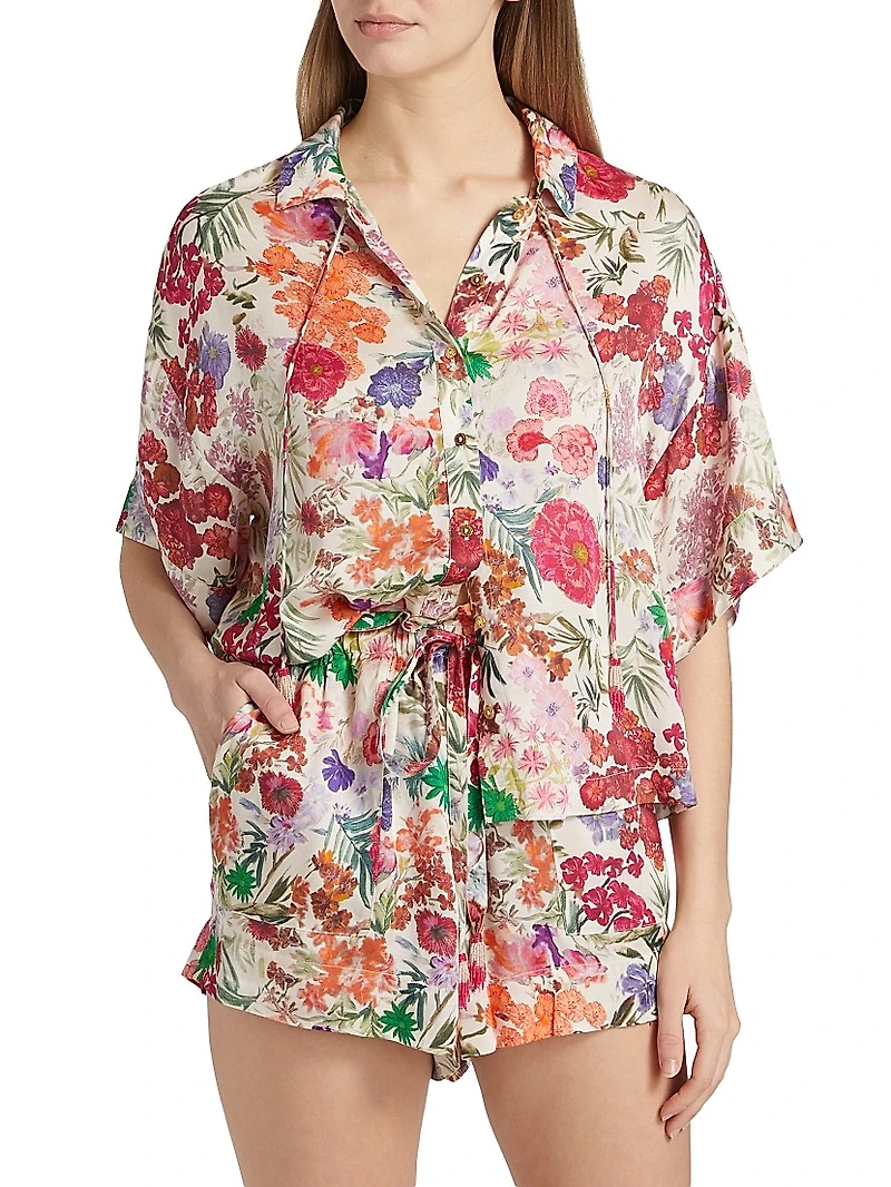 Floral Relaxed-Fit Button-Front Blouse