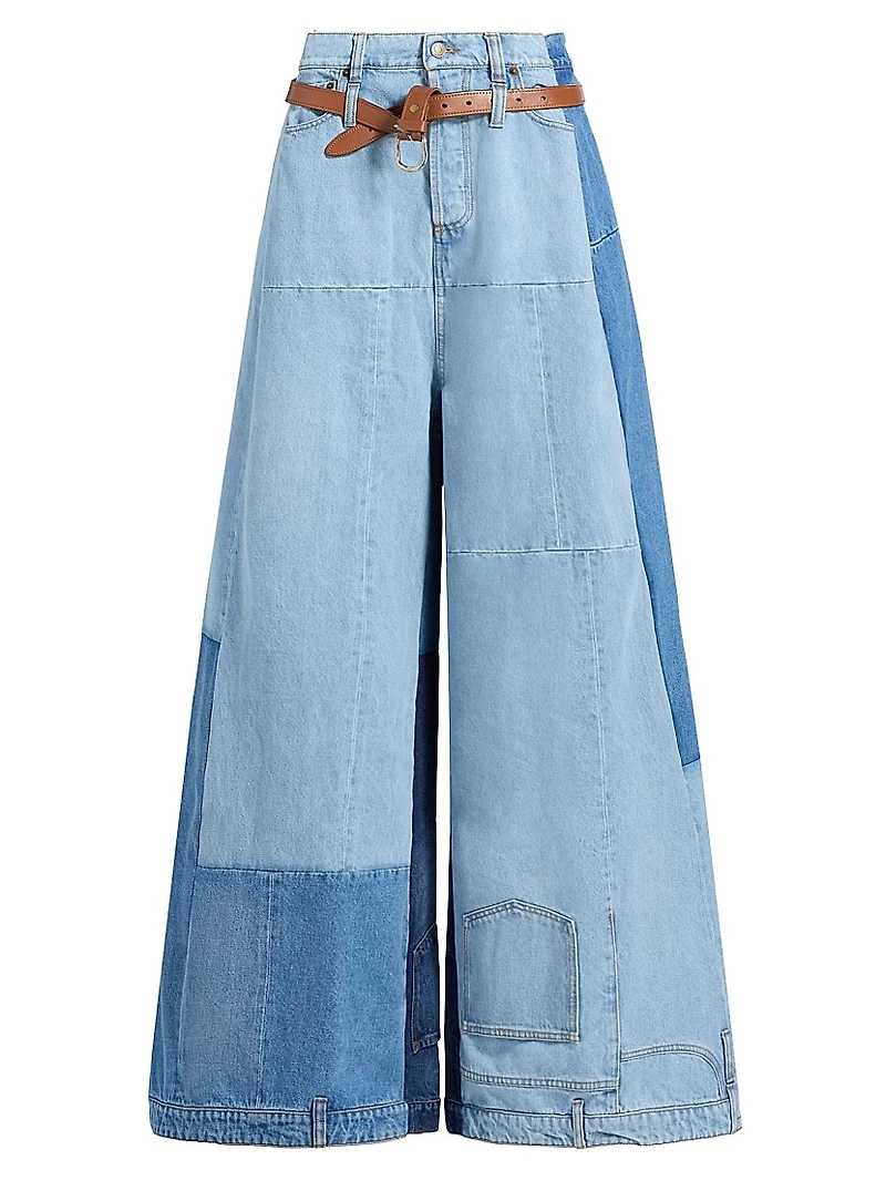 Patchwork Belted Wide-Leg Jeans