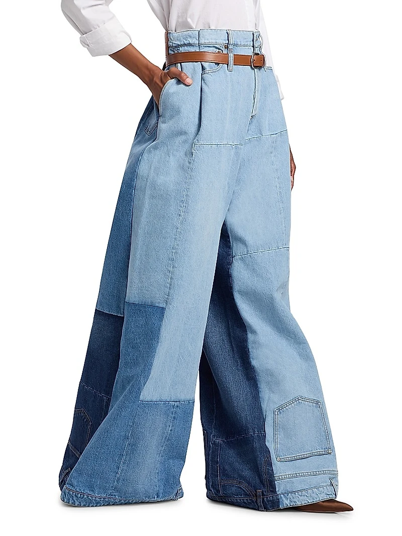 Patchwork Belted Wide-Leg Jeans