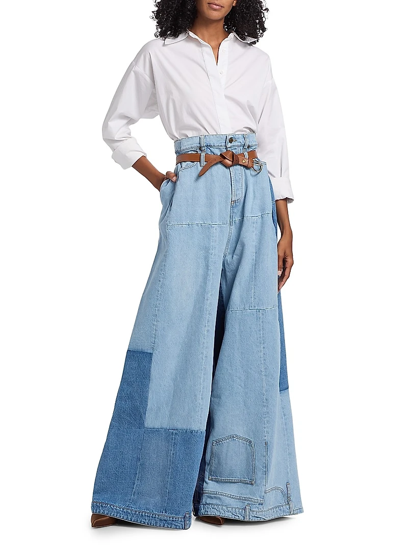Patchwork Belted Wide-Leg Jeans