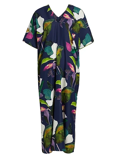 Daido Botanical-Printed Charmeuse V-Neck Caftan