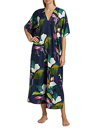 Daido Botanical-Printed Charmeuse V-Neck Caftan