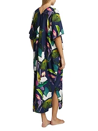 Daido Botanical-Printed Charmeuse V-Neck Caftan