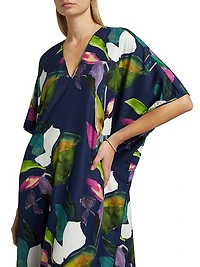 Daido Botanical-Printed Charmeuse V-Neck Caftan