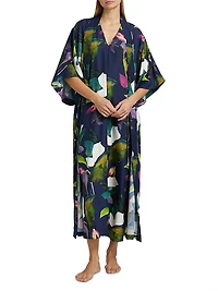 Daido Botanical-Printed Charmeuse V-Neck Caftan