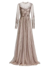 Abstract Beaded Illusion Long-Sleeve Gown