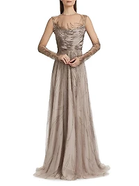 Abstract Beaded Illusion Long-Sleeve Gown