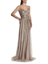 Abstract Beaded Illusion Long-Sleeve Gown