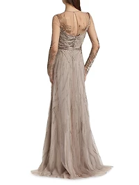 Abstract Beaded Illusion Long-Sleeve Gown