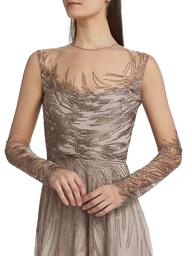 Abstract Beaded Illusion Long-Sleeve Gown