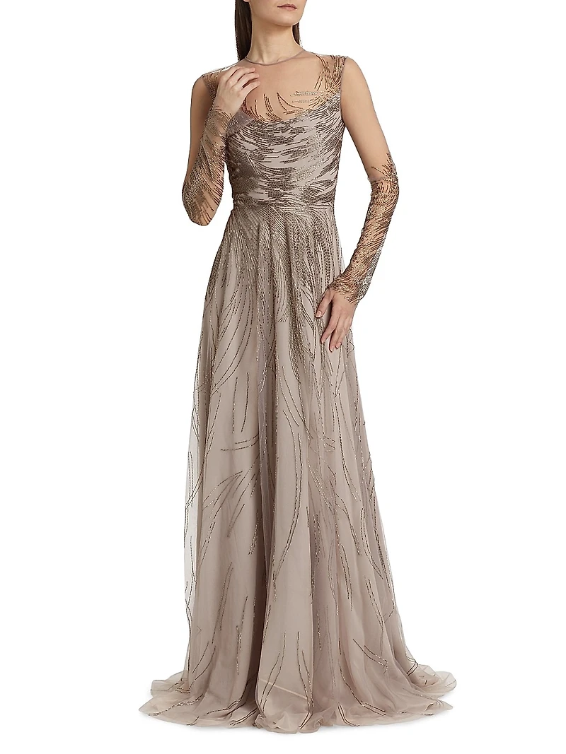 Abstract Beaded Illusion Long-Sleeve Gown
