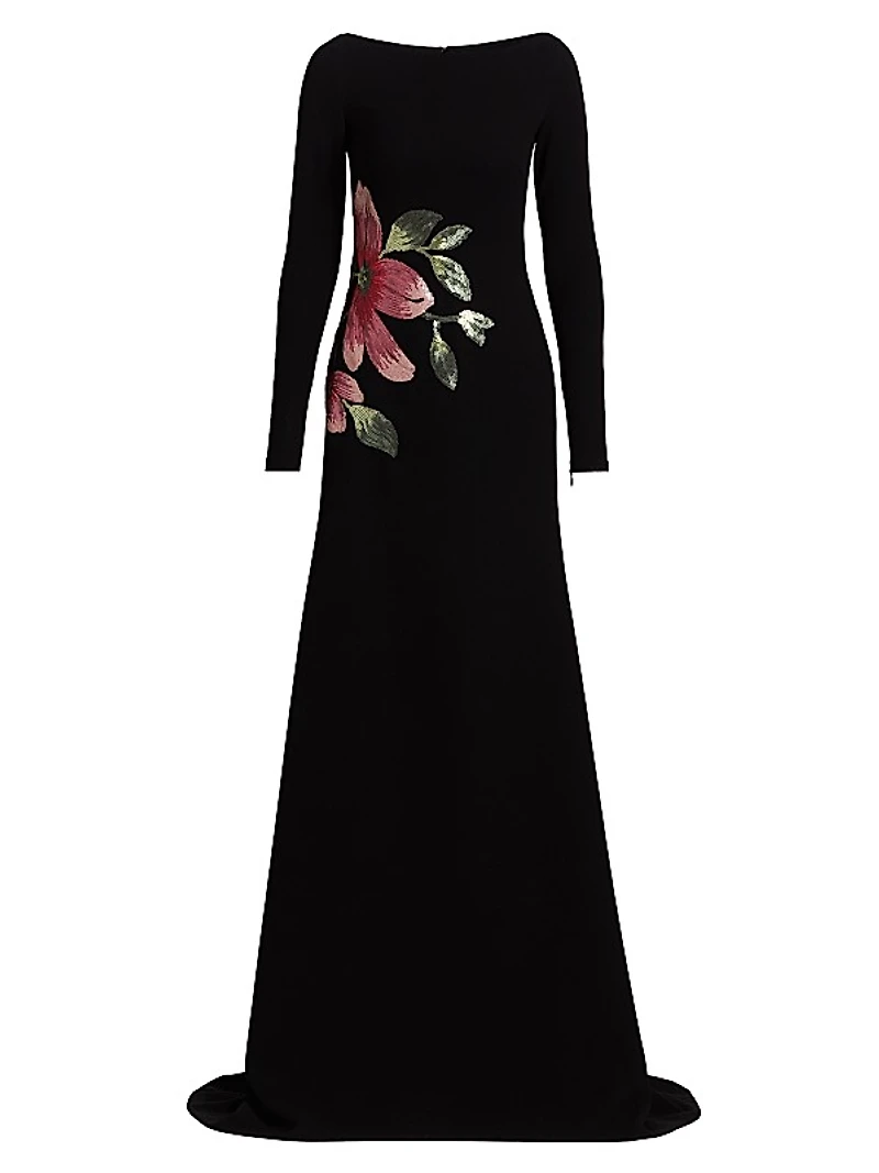 Sequined Floral Appliquè Long-Sleeve Gown