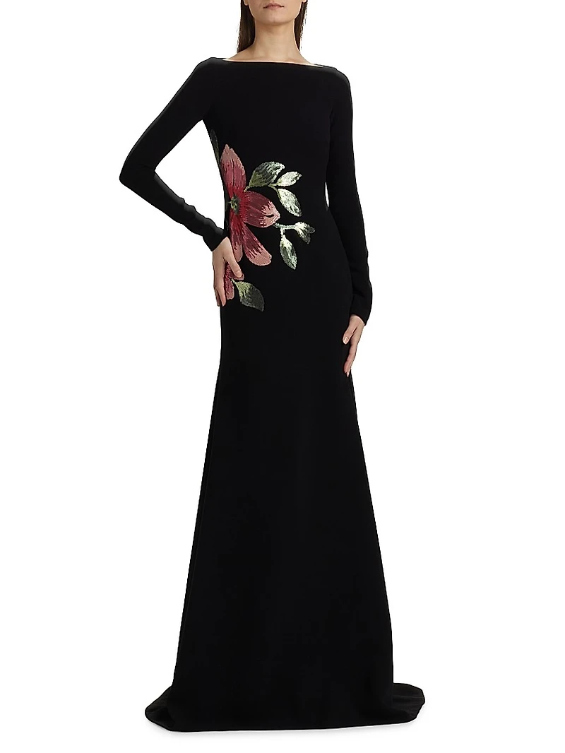 Sequined Floral Appliquè Long-Sleeve Gown