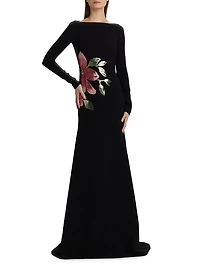 Sequined Floral Appliquè Long-Sleeve Gown