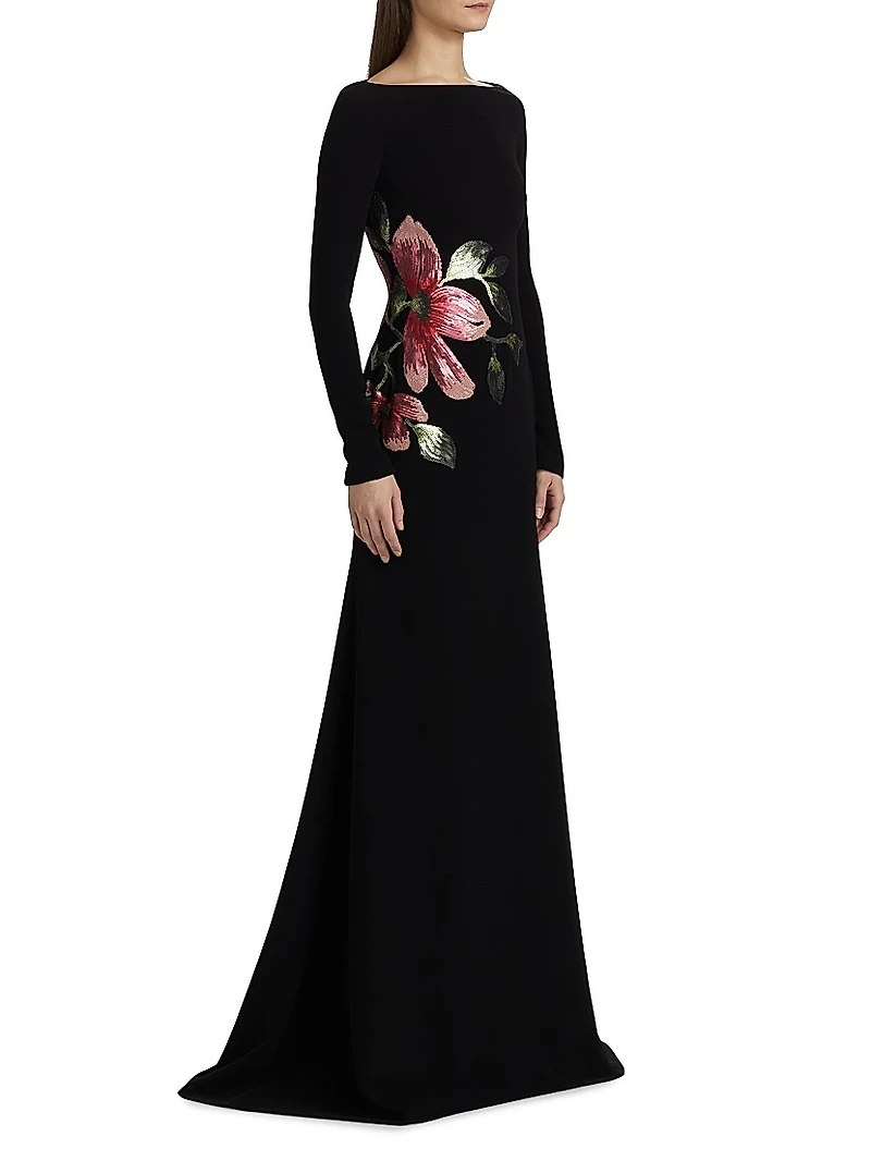 Sequined Floral Appliquè Long-Sleeve Gown