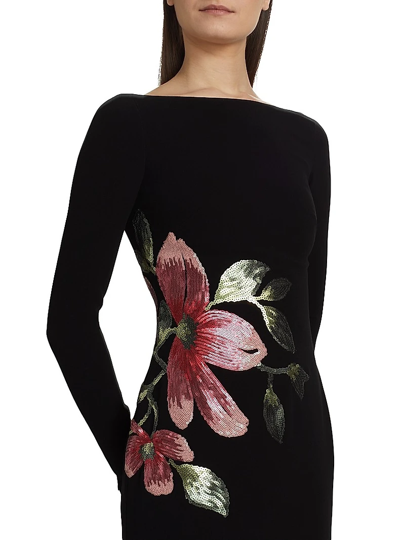 Sequined Floral Appliquè Long-Sleeve Gown