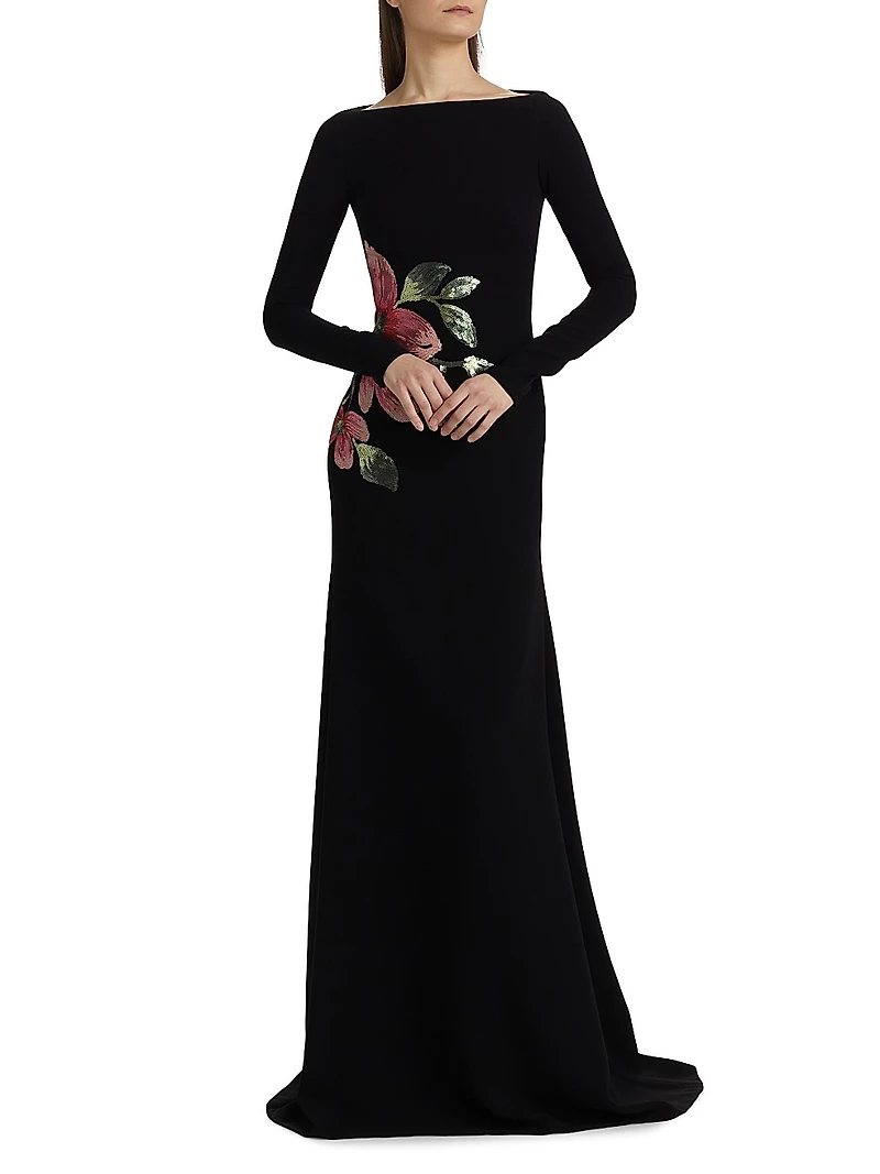 Sequined Floral Appliquè Long-Sleeve Gown