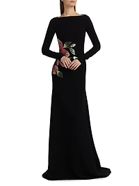 Sequined Floral Appliquè Long-Sleeve Gown