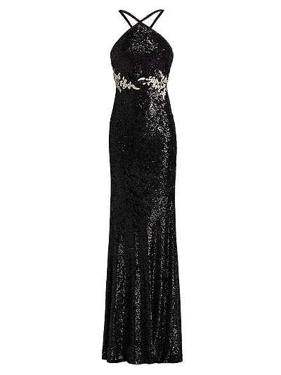 Sequined Floral Appliqué Halter Gown