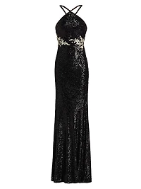 Sequined Floral Appliqué Halter Gown