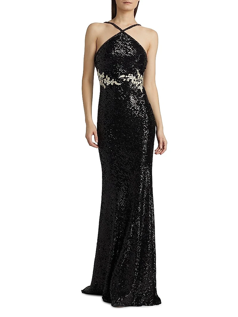 Sequined Floral Appliqué Halter Gown