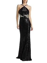Sequined Floral Appliqué Halter Gown