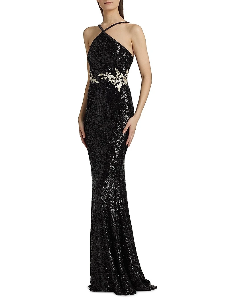 Sequined Floral Appliqué Halter Gown