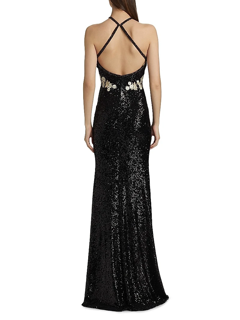Sequined Floral Appliqué Halter Gown