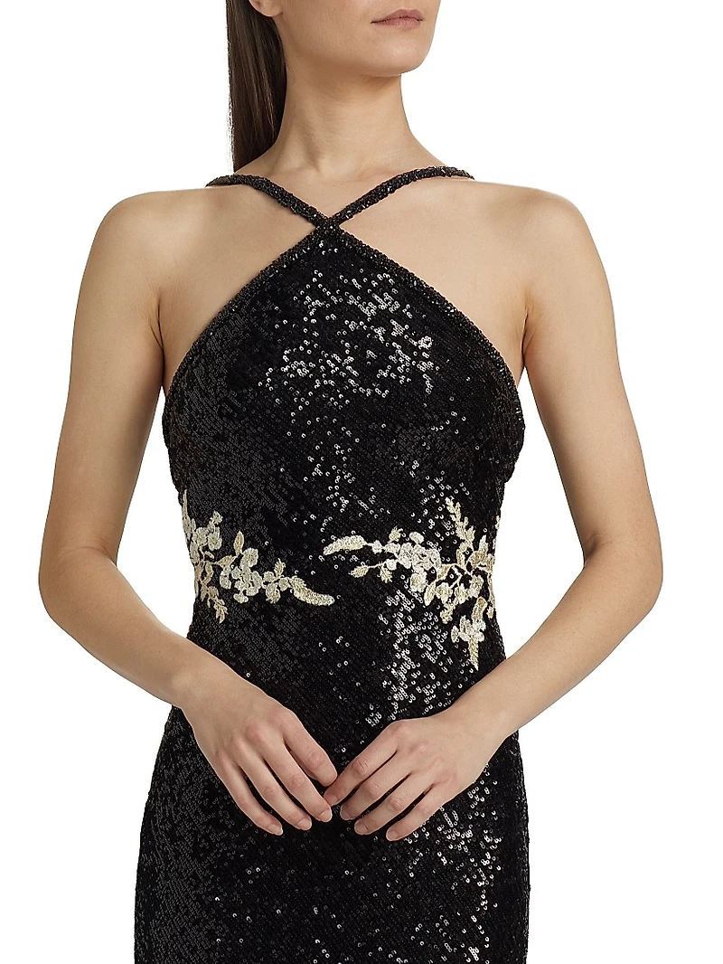 Sequined Floral Appliqué Halter Gown
