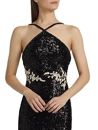 Sequined Floral Appliqué Halter Gown