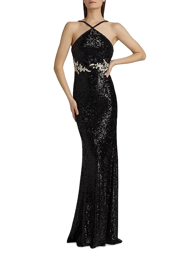 Sequined Floral Appliqué Halter Gown