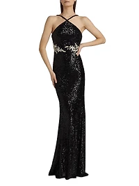Sequined Floral Appliqué Halter Gown