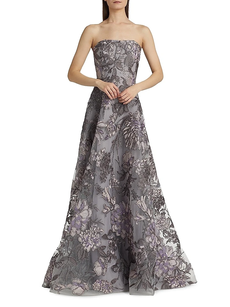 Floral Raffia Strapless Gown