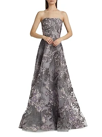 Floral Raffia Strapless Gown