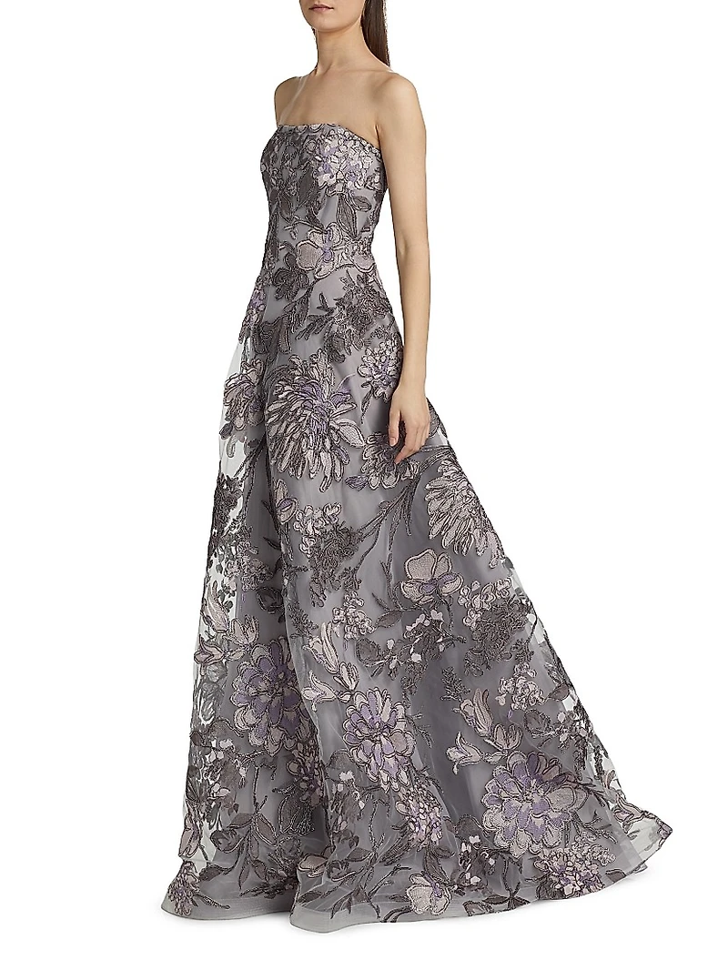 Floral Raffia Strapless Gown