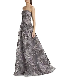 Floral Raffia Strapless Gown