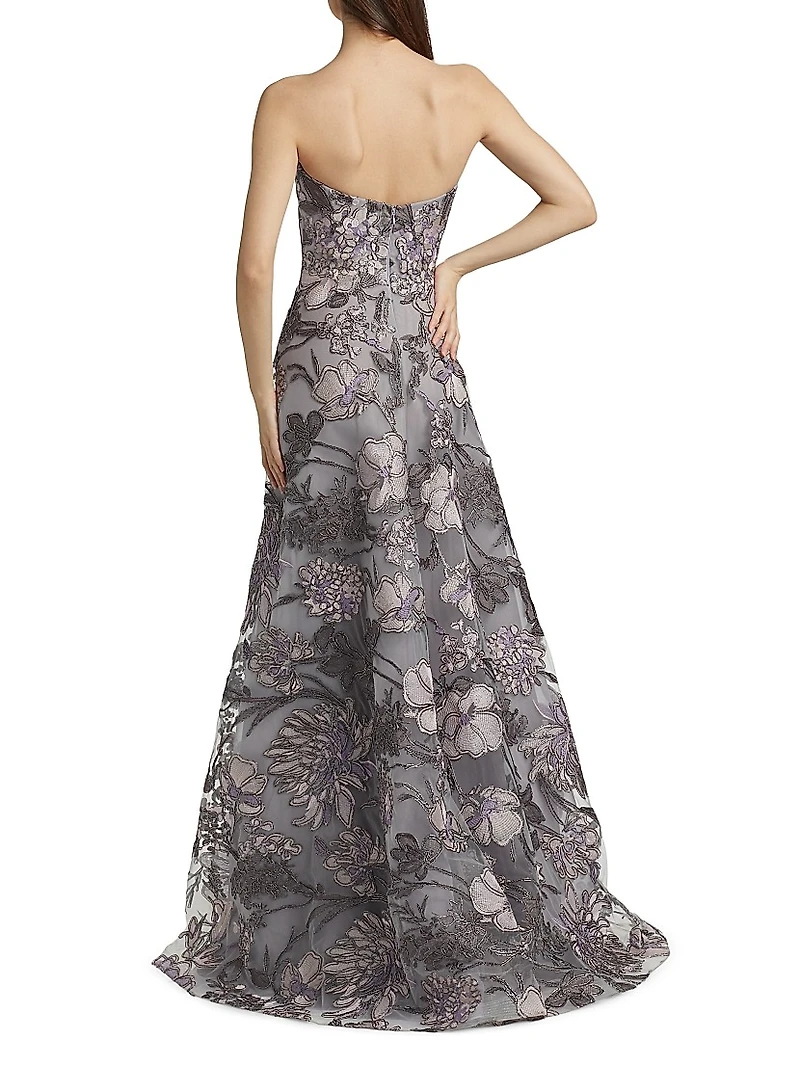 Floral Raffia Strapless Gown