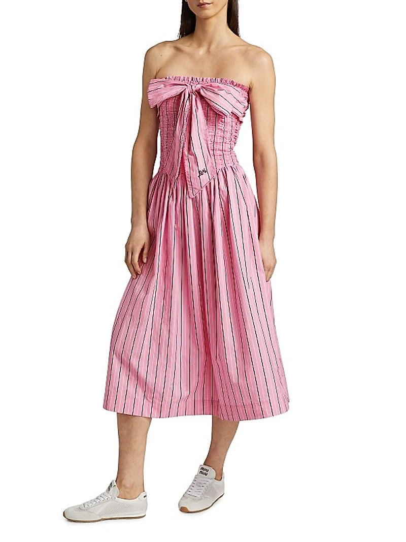 Mia Striped Bow Strapless Midi-Dress