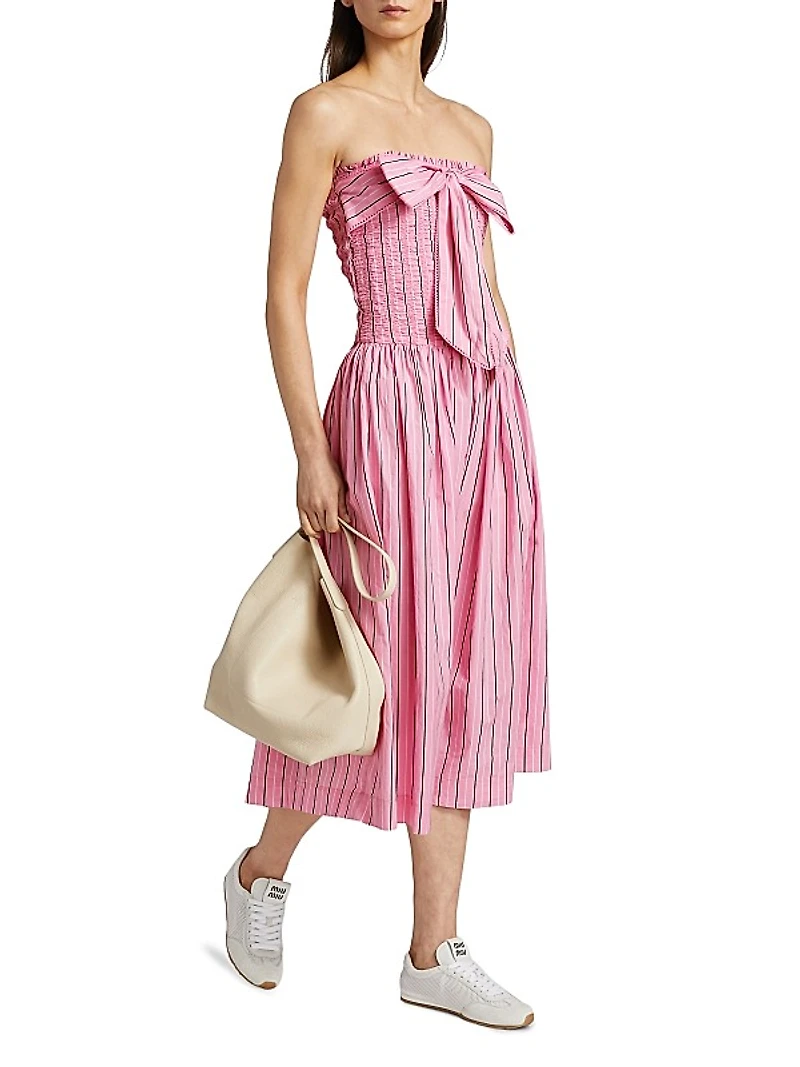 Mia Striped Bow Strapless Midi-Dress