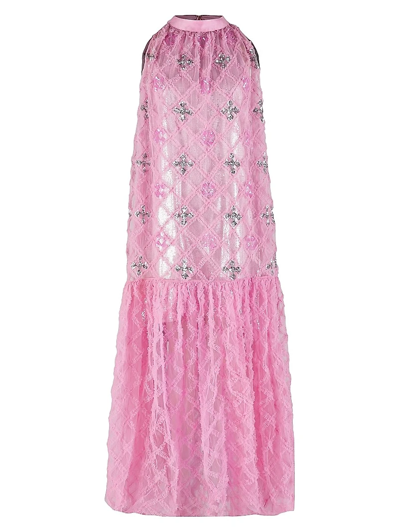 Sequin-Embellished Ruffled Checked Halterneck Gown