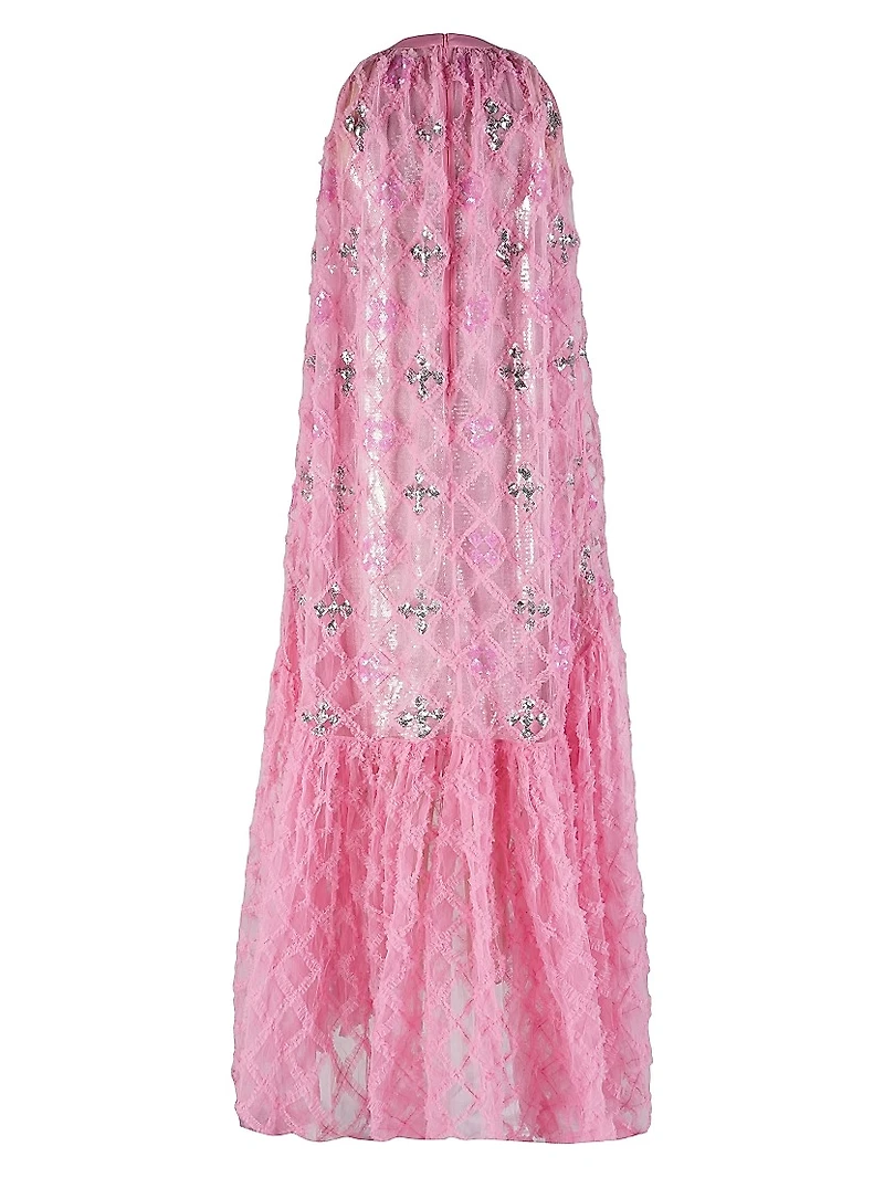 Sequin-Embellished Ruffled Checked Halterneck Gown