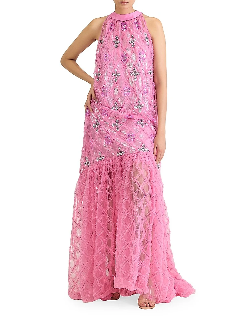 Sequin-Embellished Ruffled Checked Halterneck Gown