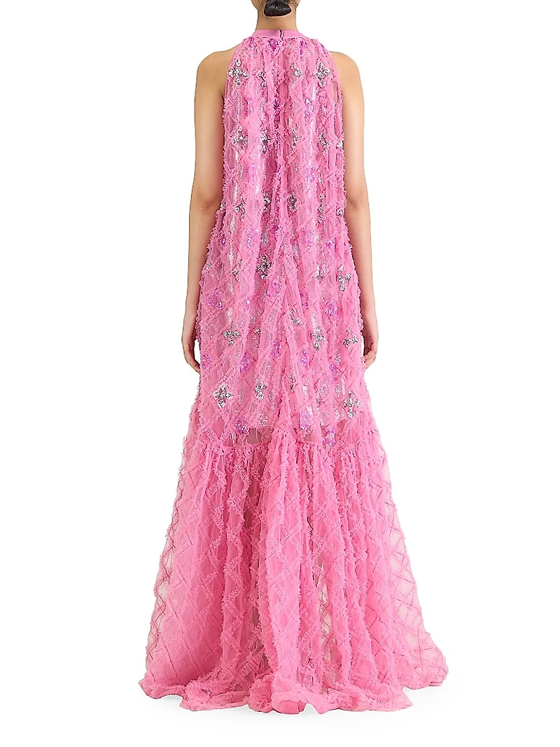 Sequin-Embellished Ruffled Checked Halterneck Gown