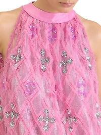 Sequin-Embellished Ruffled Checked Halterneck Gown