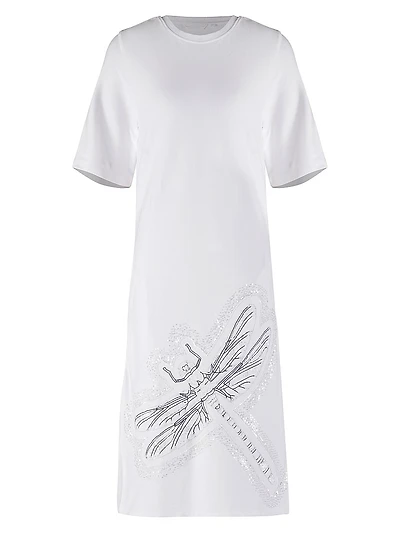 Cotton Embroidered-Dragonfly T-Shirt Midi-Dress