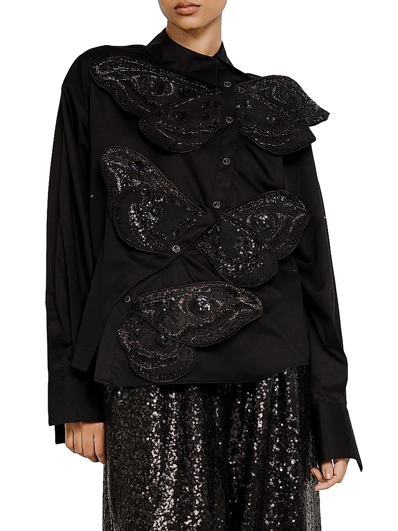 Wing Appliqué Cotton Asymmetric Shirt