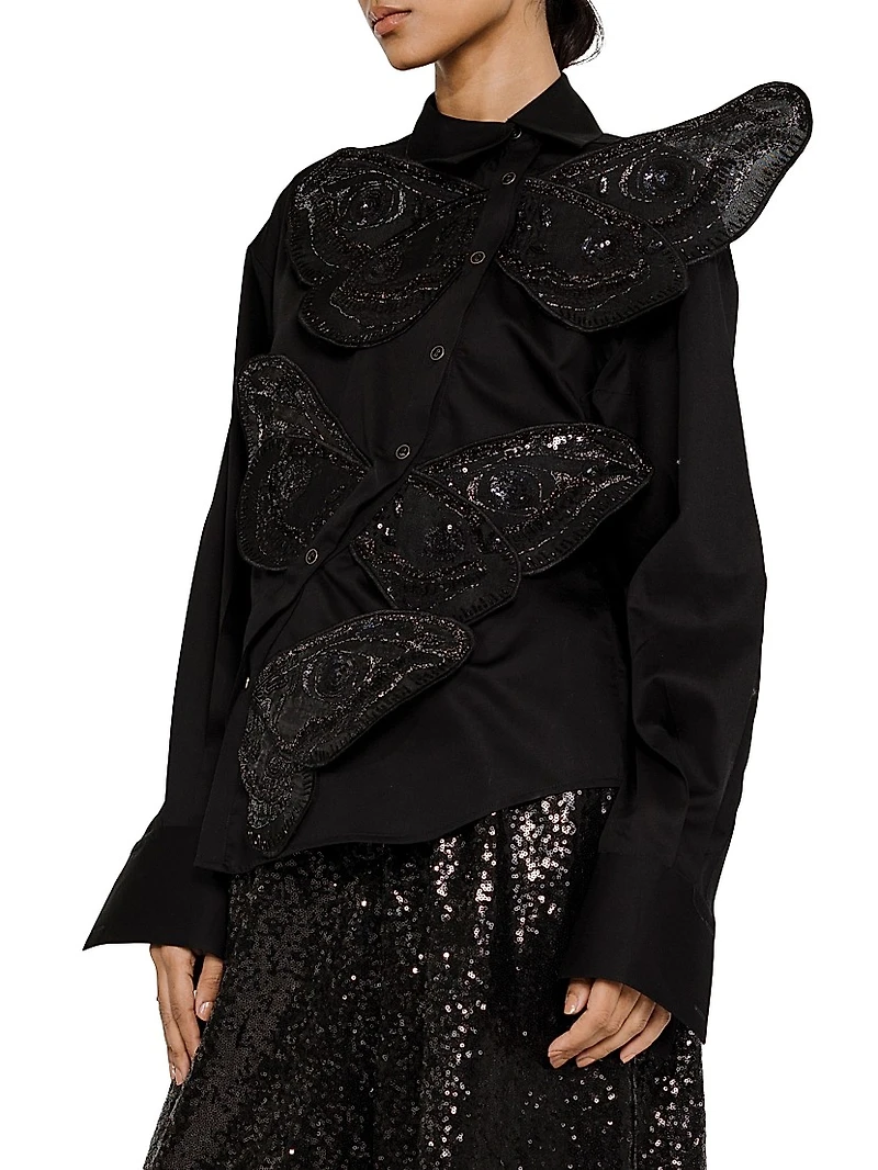 Wing Appliqué Cotton Asymmetric Shirt