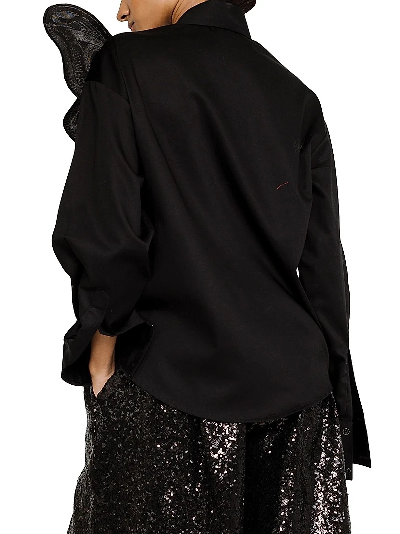 Wing Appliqué Cotton Asymmetric Shirt