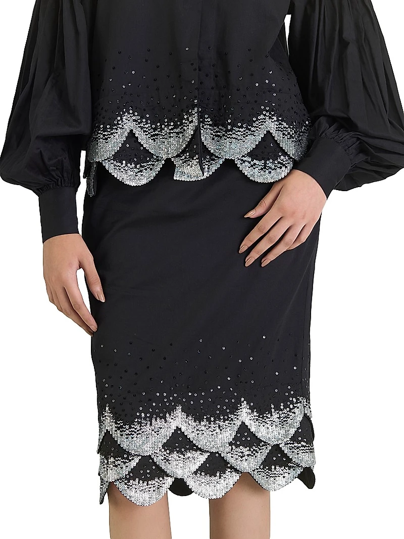 Scalloped Sequined-Hem Pencil Skirt