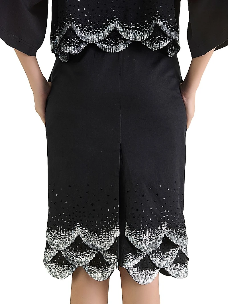 Scalloped Sequined-Hem Pencil Skirt
